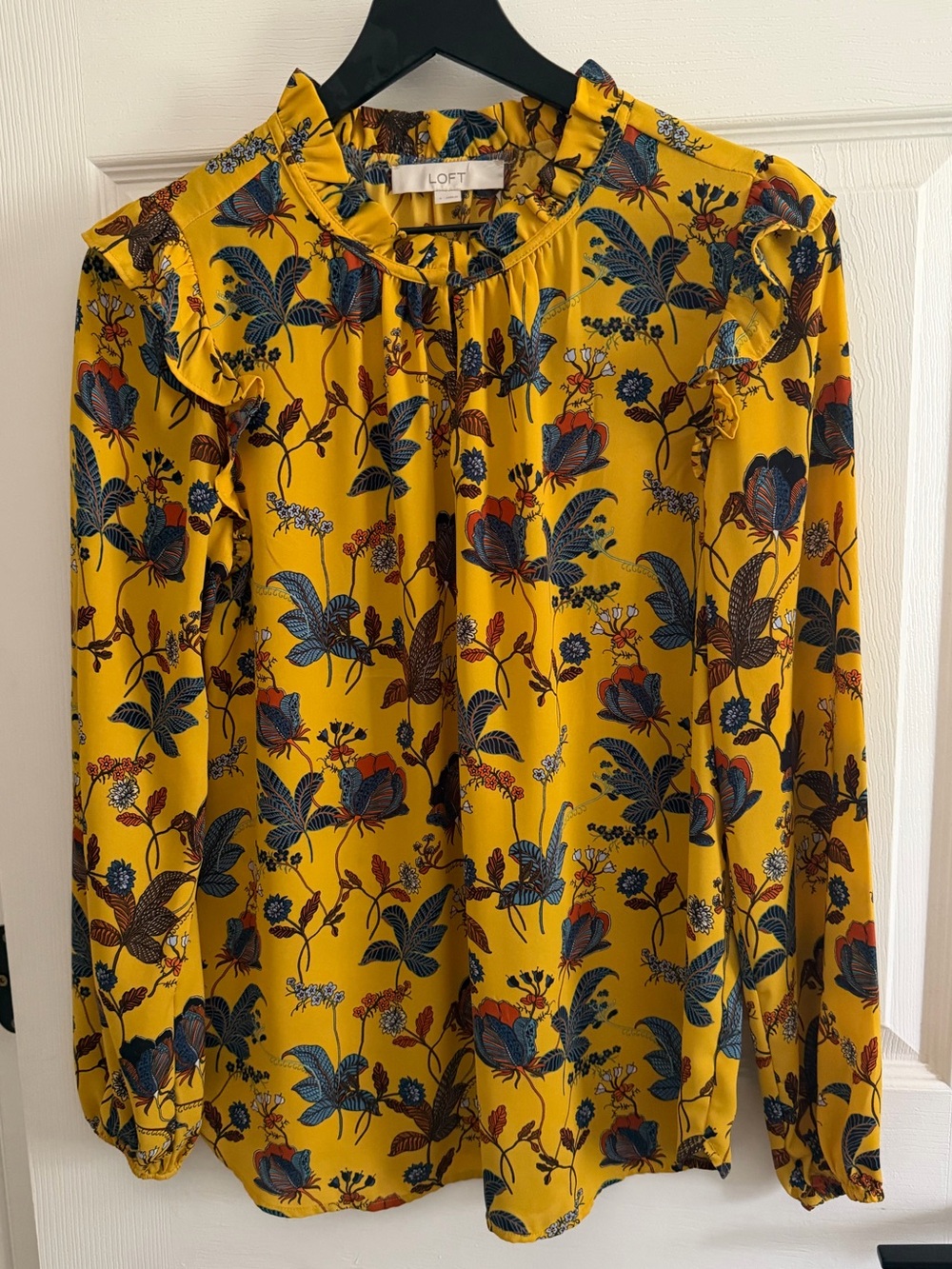 LOFT Yellow Floral Ruffled Long-Sleeve Blouse